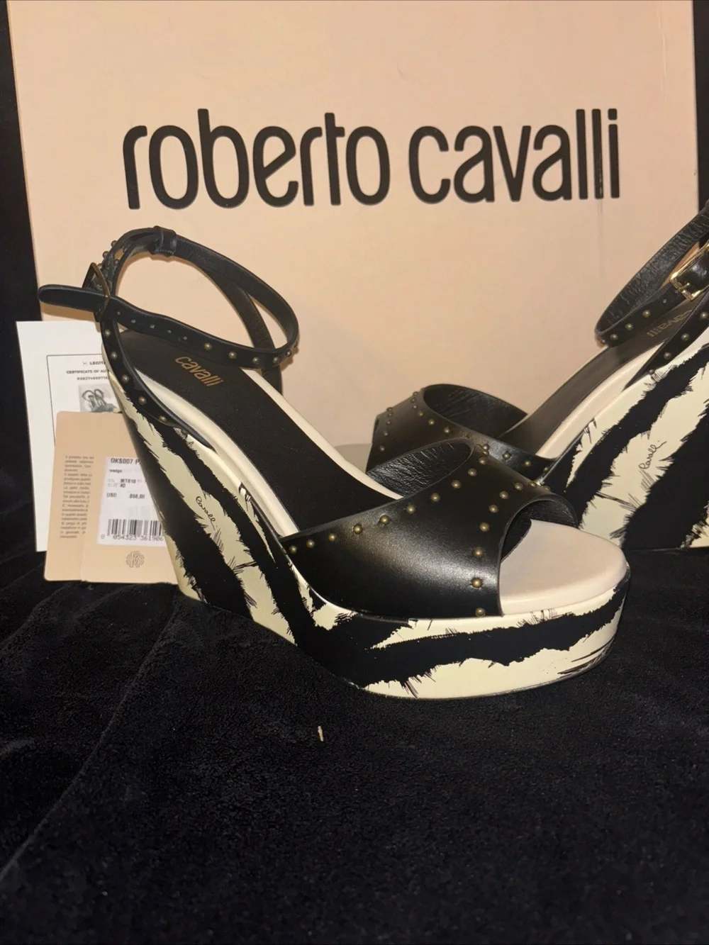 Roberto Cavalli freedom-print stud wedge NWT